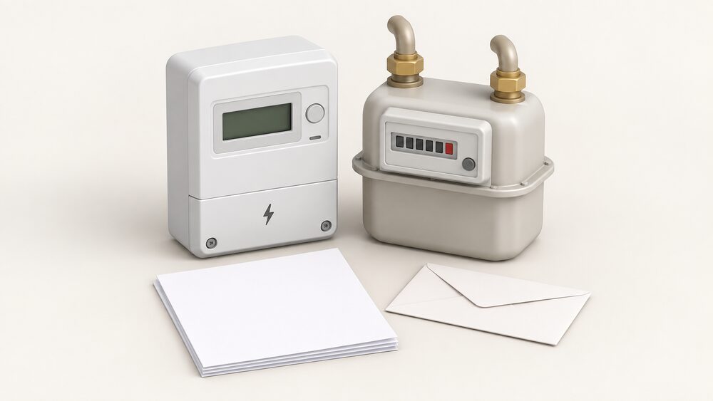 A small tabletop arrangement with a domestic electricity meter and a domestic gas meter standing side by side beside blank paperwork and a plain envelope, representing the meter-level consumption data behind household energy bills.