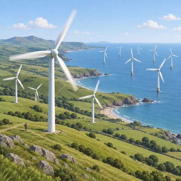 A Welsh landscape with onshore wind turbines on rolling hills in the foreground and an offshore wind farm of larger turbines standing in the sea beyond the coastline, all with blades turning.