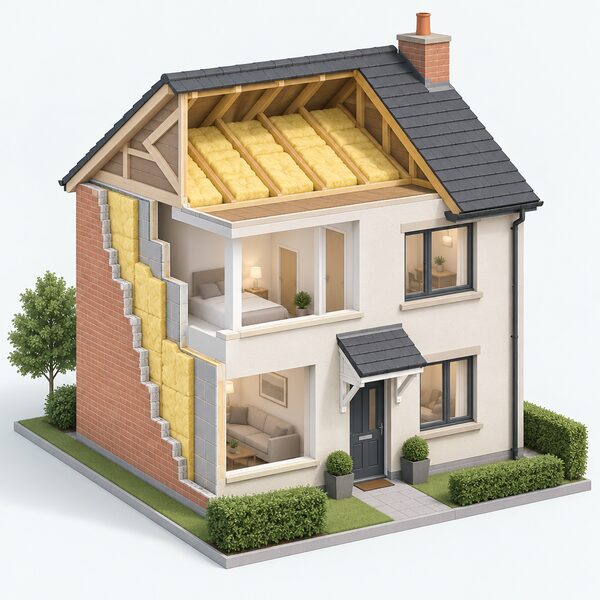 A cutaway view of a small house with thick insulation shown in the loft and cavity walls, standing complete and weather-tight with no renewable equipment yet installed, ready for renewable technologies as Northern Ireland guidance requires.