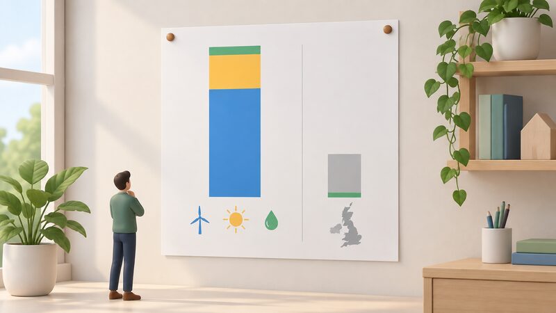 A printed chart sheet pinned on a wall, drawn as an object, showing a plain stacked bar of a national renewable generation mix with a very large wind segment, a moderate solar segment and a thin hydro segment, with a small inset bar comparing hydro's tiny share in Great Britain's total.