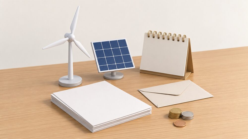 A small model wind turbine and a miniature solar panel stand side by side on a table beside a stack of blank paperwork, a plain envelope and a few coins, with a small calendar block behind them.