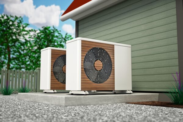 Two air source heat pump units installed on a concrete plinth outside a house