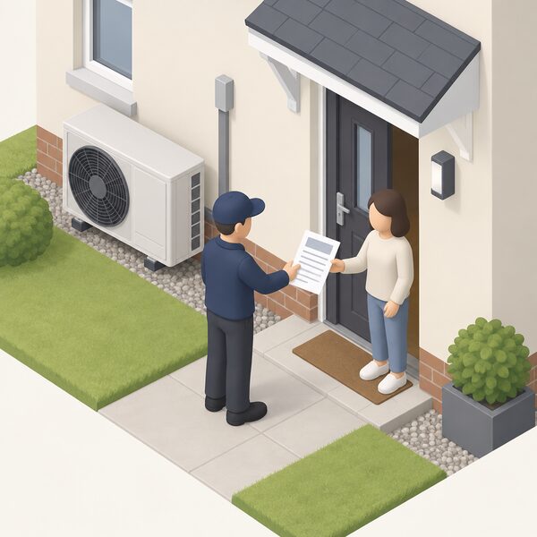 An installer in plain clothing, shown as a simplified isometric figure, stands at a homeowner's door handing over a paper MCS certificate for a newly installed air source heat pump mounted on the outside wall of the house behind them.