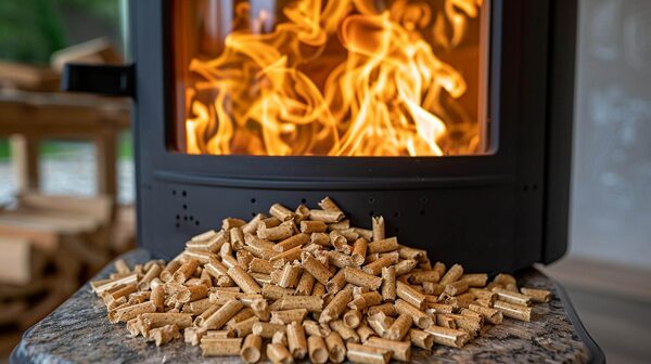 A black pellet stove burning with flames behind a pile of wood pellets in front