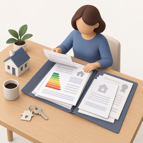 A house sale paperwork scene with a folder of documents on a table, the Energy Performance Certificate sheet lying on top among other certificates, with a simplified figure of the new owner sorting through the papers.
