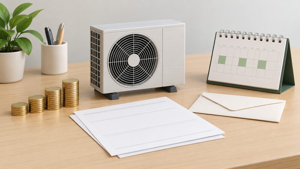 A small model of an air source heat pump outdoor fan unit stands on a desk beside blank quarterly payment paperwork, a closed envelope, a pile of coins and a desk calendar, representing a closed government payment scheme for renewable home heating.