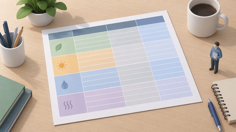 A printed statistics table lying on a desk, shown as a physical sheet with a grid of blank rows and plain colour bands grouping rows by technology type, Great Britain region and application status, with no readable words or numbers anywhere on it.