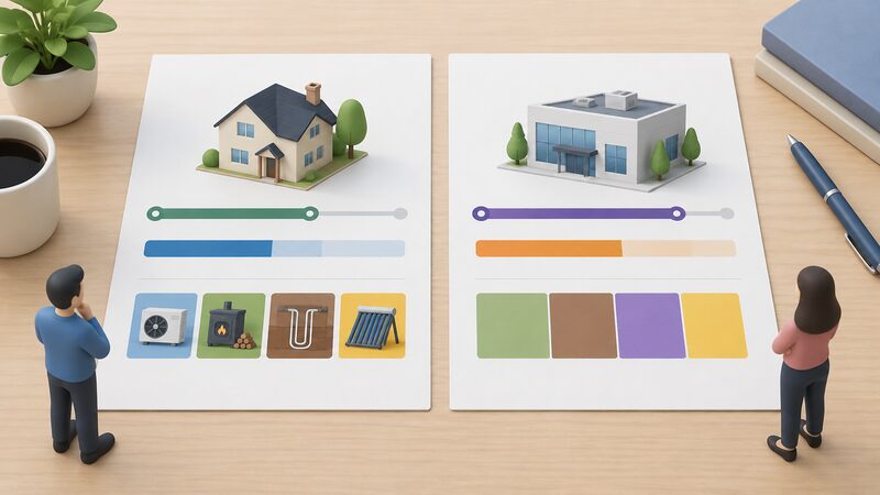 Two printed comparison sheets lying side by side on a table, one headed for the domestic scheme and one for the non-domestic scheme, each showing a plain timeline bar of different length for its opening and closing dates, a payment-period bar, and simple stacked colour blocks for its technology mix.