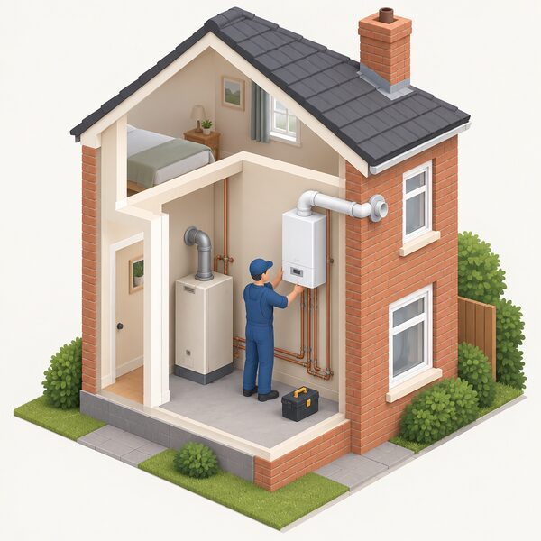 An existing Northern Ireland house with a gas boiler being replaced: an installer figure fits the new wall-hung boiler on an inside wall while the old boiler stands nearby, with flue and pipework connecting to the outside.