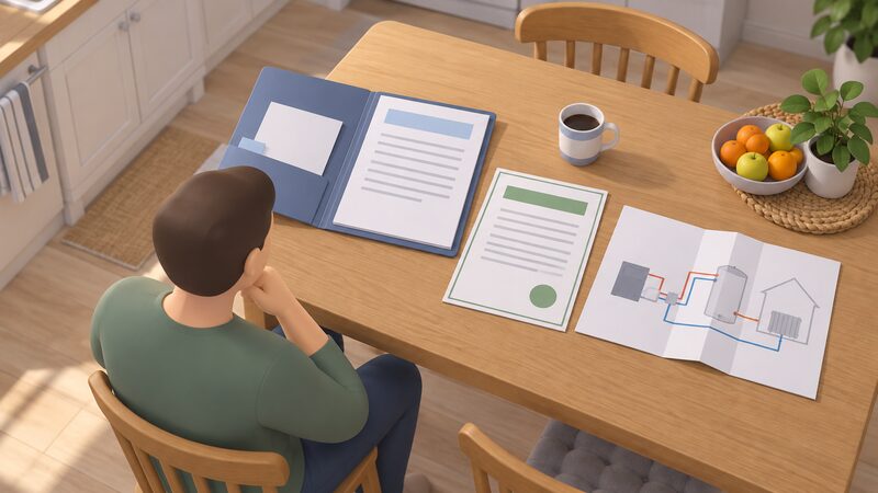 A kitchen table seen from above with an open handover folder, an MCS certificate sheet and a folded system schematic diagram laid out beside a mug, all showing only blank lines and plain colour blocks with no readable content.