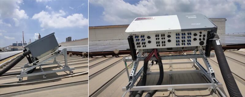 A Solis solar inverter mounted on a metal frame on a rooftop next to solar panels, shown from two angles