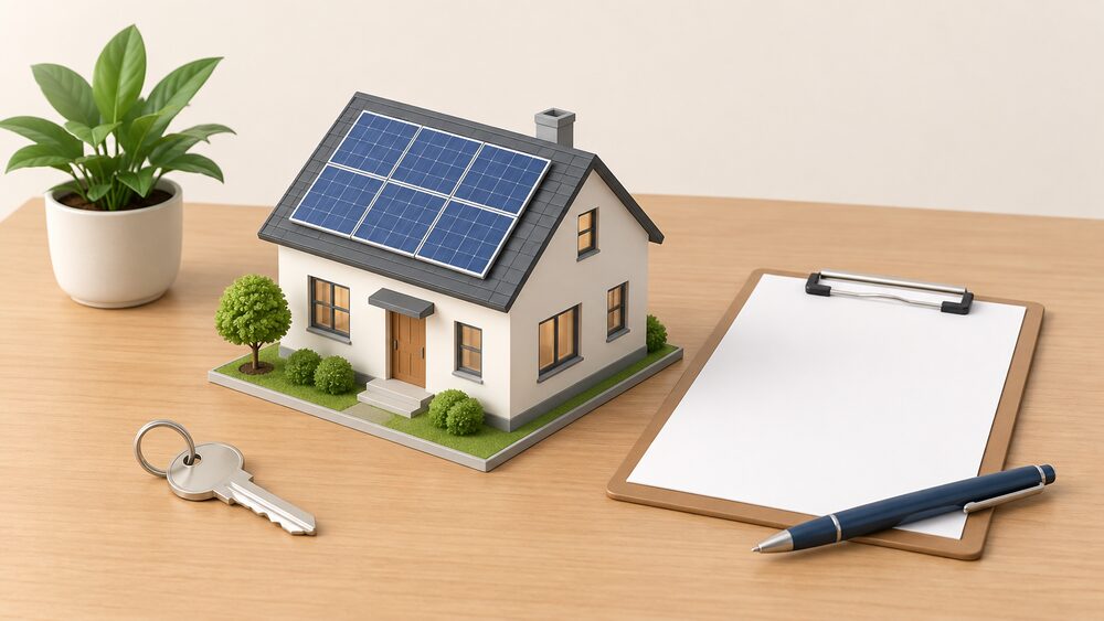 A small model house with solar panels on its pitched roof sits on a table beside a blank application form on a clipboard, a pen and a house key, representing a household's certified solar installation under the province's rules.