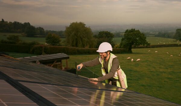 An installer in a hard hat and hi-vis vest fitting solar panels on a rooftop overlooking green countryside