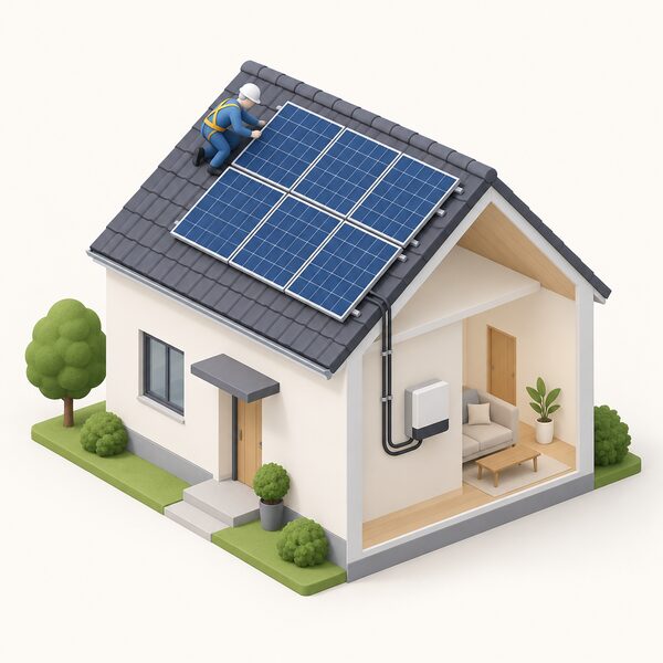 A small isometric house with solar photovoltaic panels on its pitched roof, cables running down into an indoor inverter mounted on a wall inside, and a simplified figure of an installer at work on the roof representing the certified installation counted in the records.