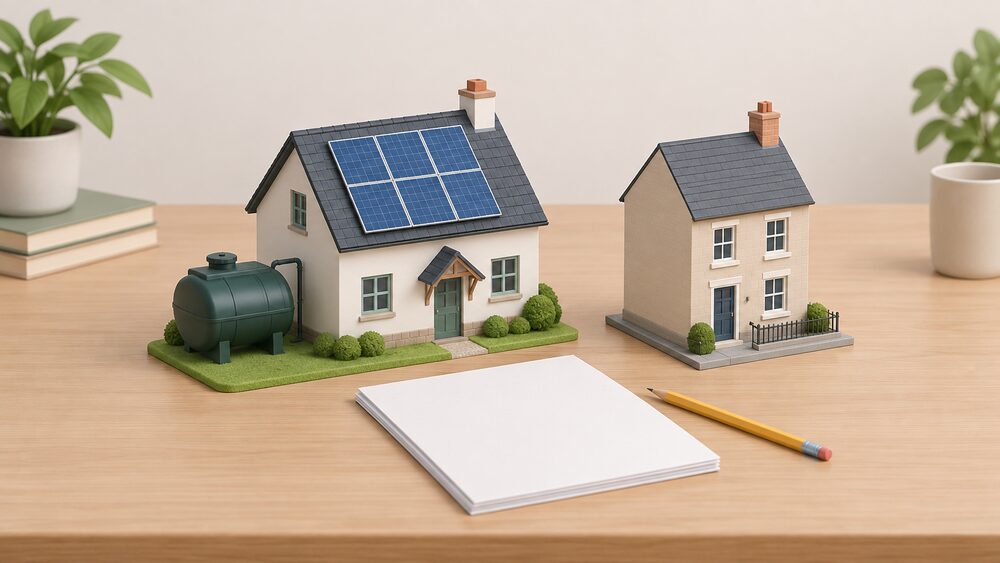 A small model rural house with solar panels on its pitched roof and a slim oil tank beside it stands on a table next to a smaller plain model town house, with blank paperwork and a pencil laid between them.