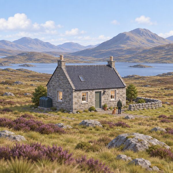 A small isolated stone cottage in a remote Scottish Highland landscape with hills and open moorland, standing alone with no gas pipes or network infrastructure anywhere nearby, showing a home beyond the reach of the gas grid.