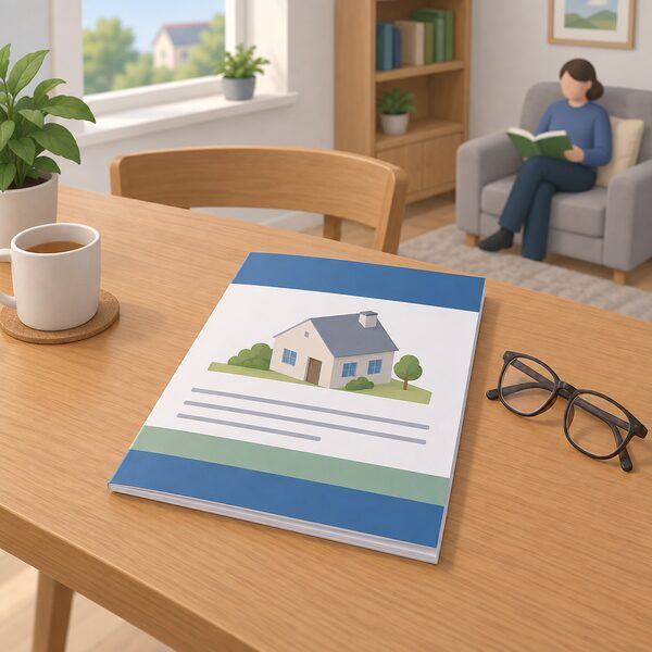 A printed Scottish House Condition Survey report lying closed on a wooden table, its cover showing plain colour bands and blank lines instead of readable text, with a pair of reading glasses resting beside it in a simple domestic room.