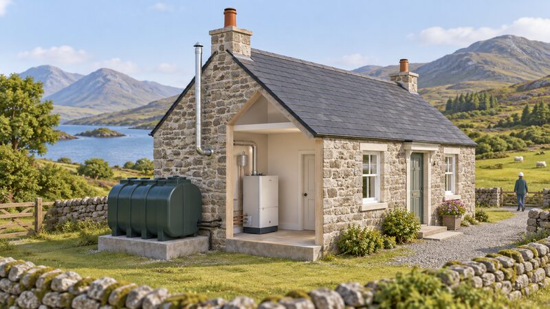 A small rural Scottish cottage set against rolling hills, with a plastic heating oil tank on a base beside an outside wall and a flue pipe rising from the boiler through the external wall, showing stored fuel heating off the gas grid.