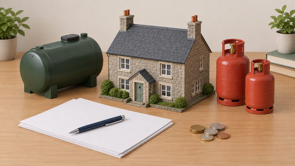 A small model of a rural stone house stands on a table beside a miniature heating oil tank and two LPG cylinders, with blank paperwork, a pen and a few coins laid out in front, showing a household managing its own fuel supply off the gas grid.