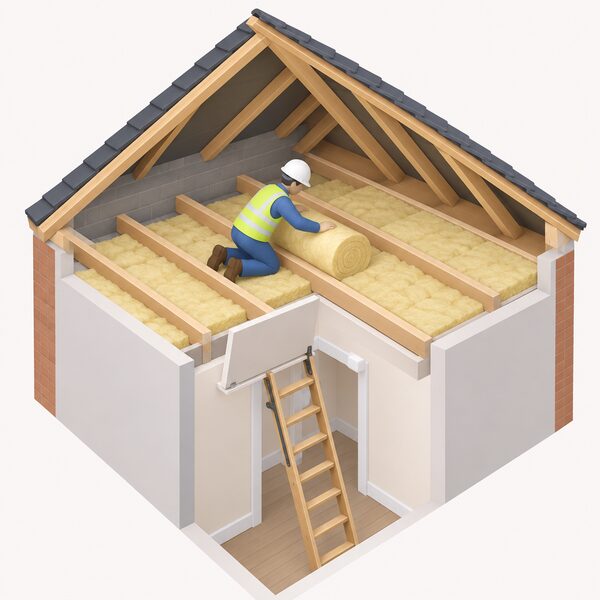A simplified isometric figure of an installer kneeling in the open loft space of a social rented house, unrolling a roll of mineral wool insulation between the ceiling joists, with the pitched roof timbers above and a loft hatch and ladder below showing access from the rooms beneath.