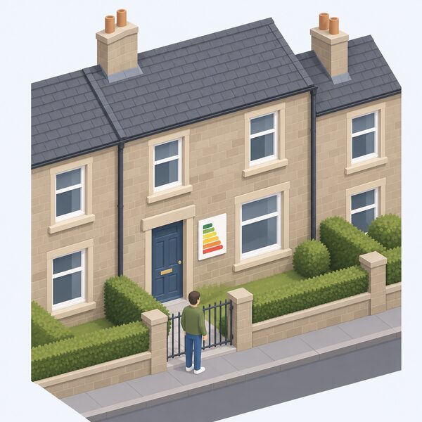 A simplified Scottish social rented terraced house seen from the street, with a plain EPC certificate document fixed beside the front door showing only blank colour bands, while a tenant figure stands at the gate looking at the home.