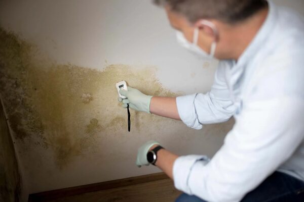 A man in gloves and a face mask using a moisture meter to test a damp, mouldy interior wall