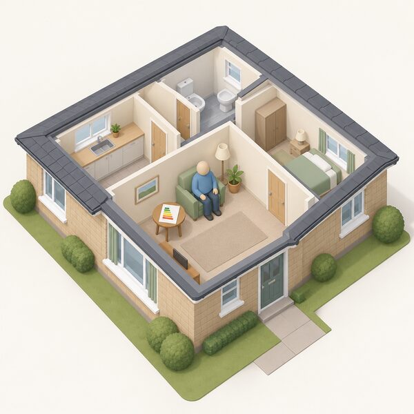 A single simplified figure sits in a small armchair in the living room of a compact single-storey bungalow, with an EPC certificate sheet lying on a side table and the low roofline and short walls emphasising the small dwelling's fixed heat loss.