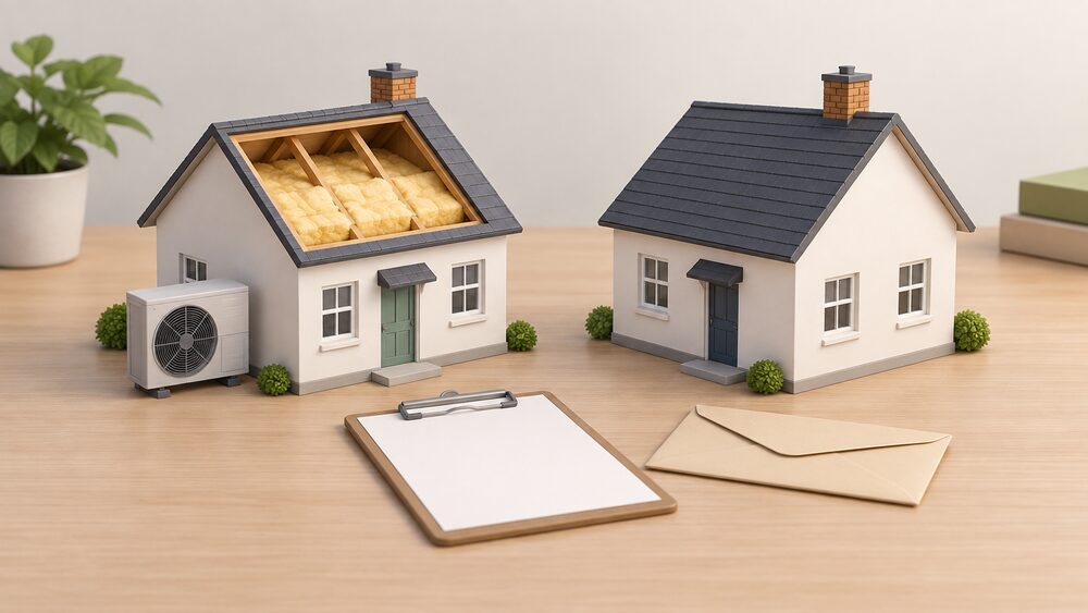 Two small model houses sit side by side on a table, one with a thick layer of loft insulation visible in its open roof and a heat pump unit beside it, the other plain and bare, with a blank clipboard and envelope resting between them.