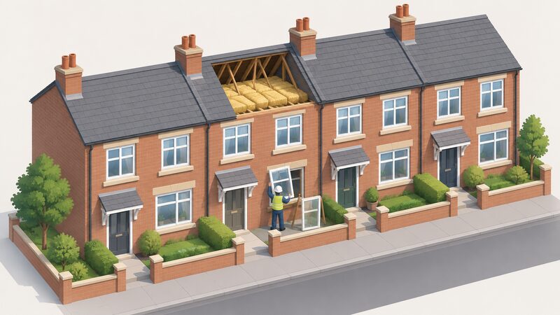 An isometric terraced street of social rented houses where one home has its roof open showing thick loft insulation while an installer fits a new double-glazed window frame at the front, with neighbouring homes already finished.