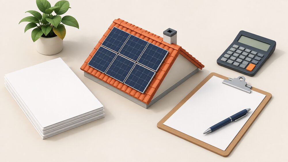 A small model of a house roof with dark solar panels on it sits on a desk beside blank official paperwork, a clipboard with a pen, and a calculator, suggesting the counting and recording of household solar installations.