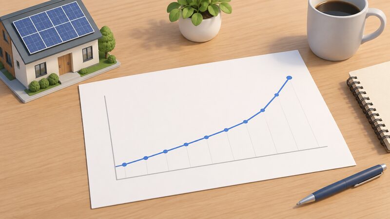 A printed line chart on a plain sheet showing UK installed solar PV capacity rising from 2013 to 2026, drawn as a single upward line with plain bars or a line only, no readable numbers or words.