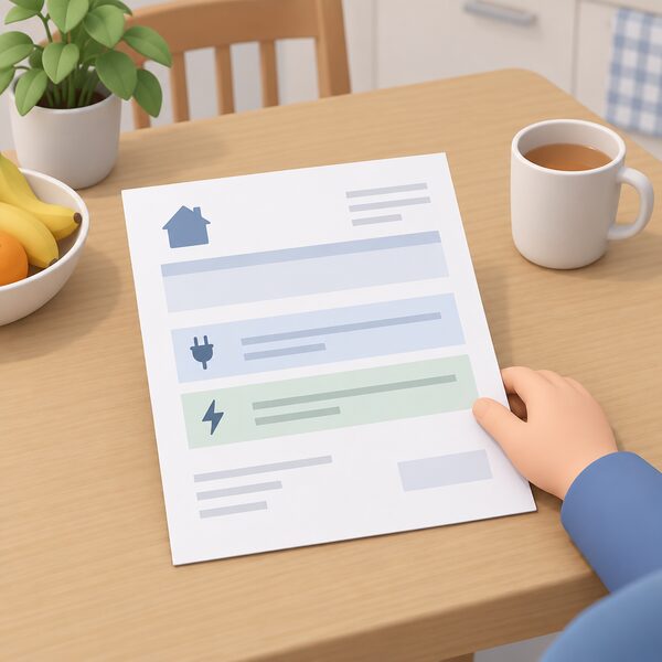 A printed household electricity bill lying on a kitchen table, its layout showing a daily standing charge line and a unit rate line as separate blank banded rows, with a small simplified figure's hand resting on the page edge.