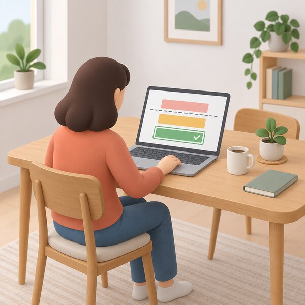 A person at a home table compares tariff offers on a laptop screen, with one plain option band highlighted as a chosen fixed deal shown below a simple bar representing the capped default level, no readable text.