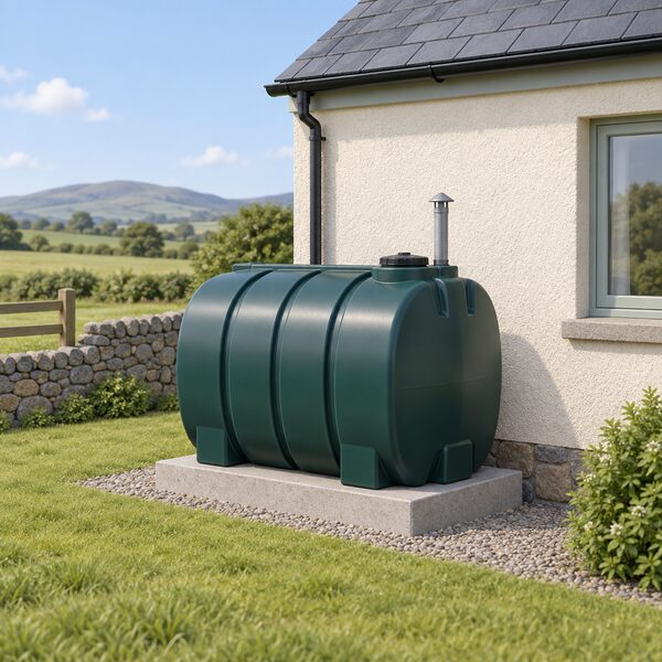 A plastic domestic heating oil tank on a plinth beside the outside wall of a simple rural house, with a fill point cap and vent pipe, set in open countryside to show fuel stored on site by an off-gas-grid home.