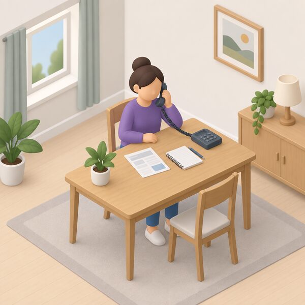 A simplified isometric figure sits at a home table holding a telephone handset to their ear, with an energy bill and a notepad lying on the table, making a free call to an independent advice service for help with a supplier problem.