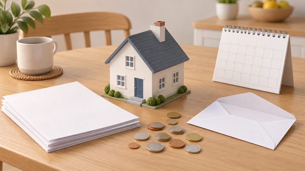 A small model house sits on a kitchen table beside a stack of blank energy bill paperwork, a scatter of coins, a wall-style calendar page and an opened envelope, suggesting a household reviewing what its quarterly tariff reset will cost.