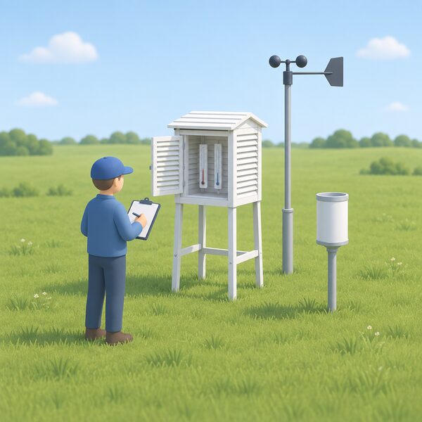 A small land weather station in an open grassy field, with a white louvred instrument shelter on legs holding thermometers, a rain gauge and an anemometer on a mast, and a simplified figure recording the readings on a clipboard.