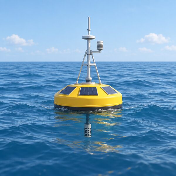 A floating ocean buoy drifting on open sea, its flat sensor platform at the water surface measuring sea surface temperature, shown as one of the modern buoy-based measurement sources described in the section on ocean measurements.