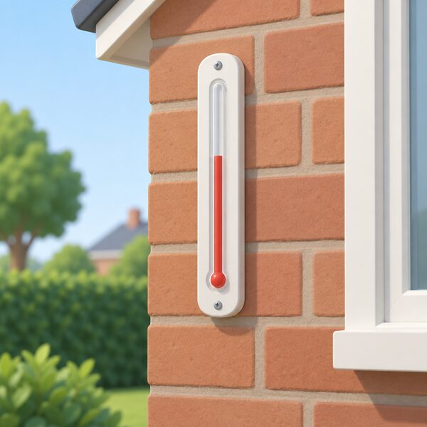 A simple outdoor wall thermometer mounted on the exterior brick wall of a house, with a plain colour band inside the tube indicating the current reading, representing the everyday measurement behind the temperature figures discussed.