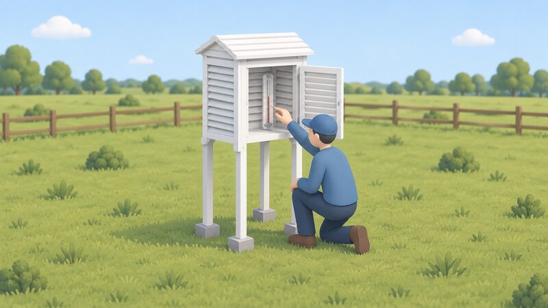 A small white louvred Stevenson screen standing on legs in an open grassy field, its door open to reveal a thermometer inside, with a simplified isometric figure kneeling beside it checking the instrument at around 1.5 metres above the ground.