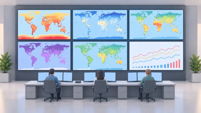 A monitoring room wall of large screens, each showing a simplified world map covered in plain colour regions and small station dots, with one screen showing a simple line graph, all content as blank colour blocks with no readable words or numbers.