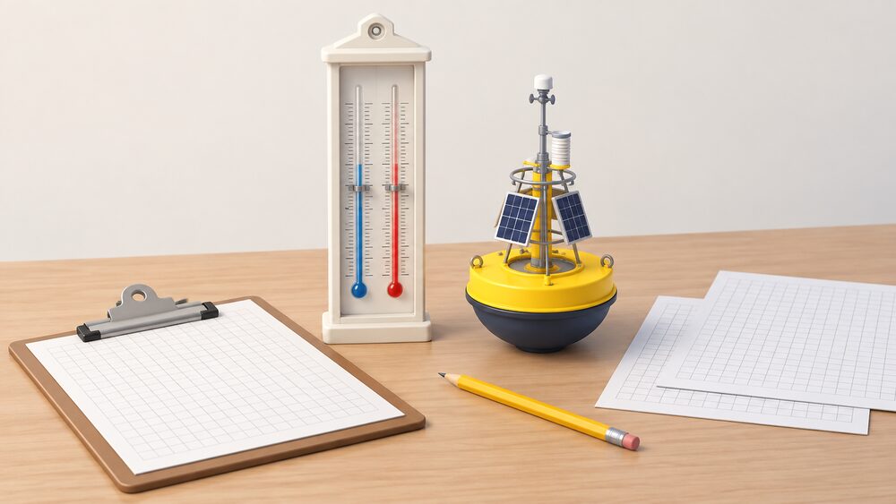 A close tabletop arrangement showing a wall-style max-min thermometer standing upright beside a small model of an ocean data buoy, with blank gridded charts, a clipboard and a pencil laid out as if someone is compiling temperature readings into a record.