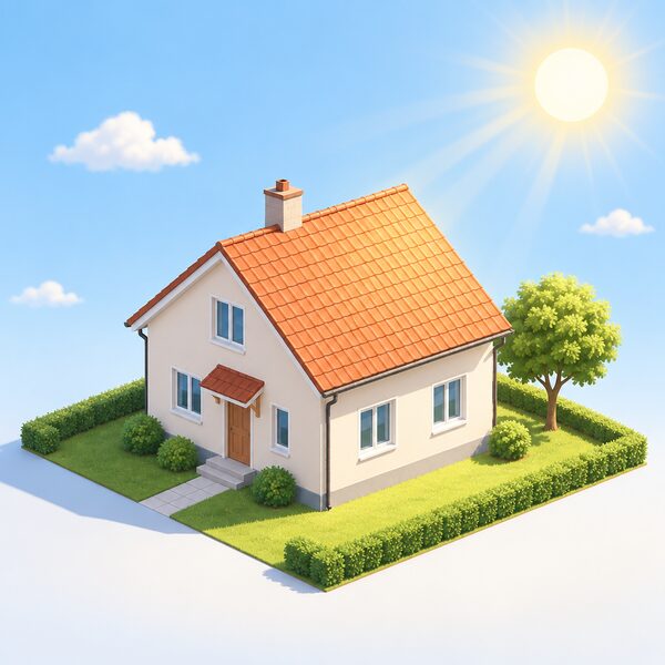 A small detached house under a blazing summer sun with a bright sky, drawn as a simple isometric view, with strong sunshine falling on its roof and walls and heat suggested by the intense light, representing the warm weather conditions a design summer year tests a building against.