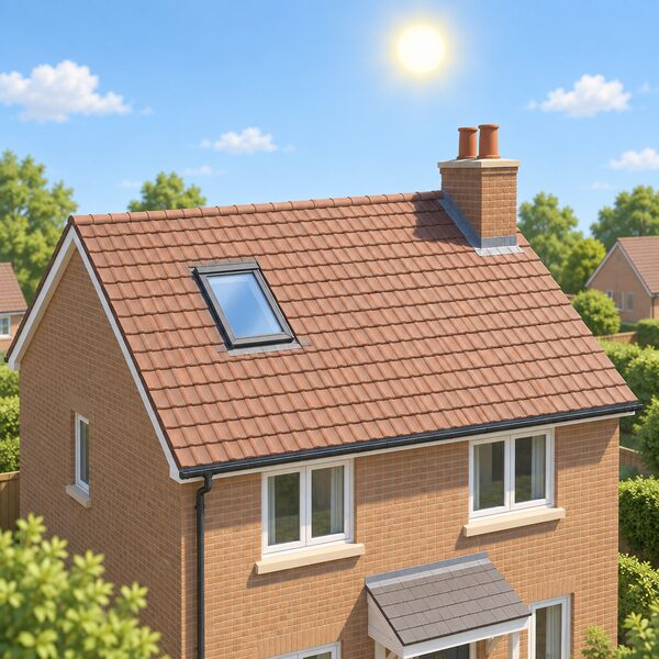 A plain UK house roof under a bright summer sun, with strong midday light casting short shadows across tiles, a chimney and a small rooflight, showing the present-decade warm conditions a building is tested against.