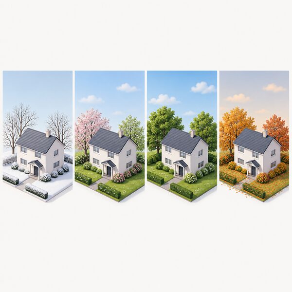 A simple detached house shown four times in a horizontal row, each version under a different season's sky and ground conditions, from bare winter trees through spring and summer greenery to autumn leaves, representing one typical full year of ordinary weather.