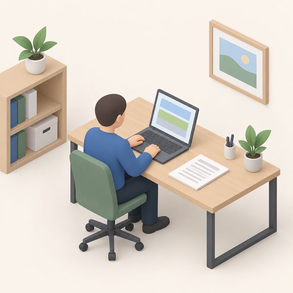 A simplified isometric assessor seated at a desk working on a laptop showing a plain simulation screen, with a printed modelling report beside them, in a simple office setting.