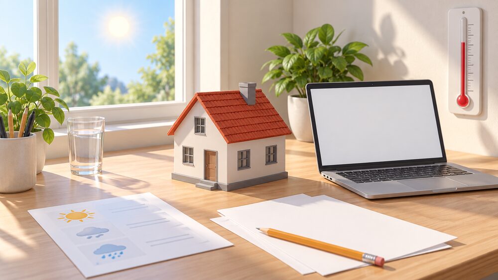 A small model house sits on a desk beside a laptop with a blank screen and a wall thermometer, with blank printed weather report sheets and a pencil arranged around them, all lit by strong summer daylight from a window.