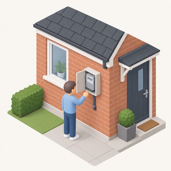 A small isometric figure stands at a domestic electricity meter mounted on the outside brick wall of a house, the meter in a simple wall-mounted cabinet with a short cable entering the wall, drawn as a plain object with blank display lines and no readable figures.