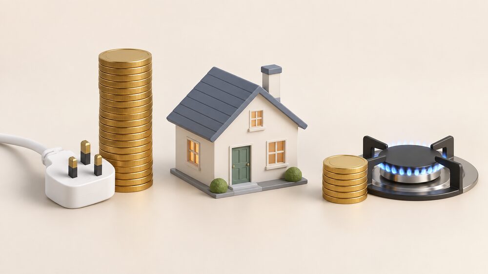 A small model house sits on a table beside two stacks of coins, one tall stack next to a domestic electric plug and one short stack next to a small gas hob burner, showing electricity costing far more than gas for the same home.
