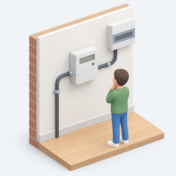 A domestic electricity meter mounted on an inside wall of a home, shown in a simple cutaway with the incoming supply cable entering it and a cable continuing to the consumer unit, with a small isometric figure standing beside it looking at the display.